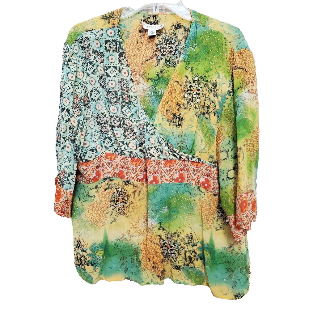 Coldwater Creek Sequined Lightweight Semi-Sheer Surplice Blouse Size PXL Petite